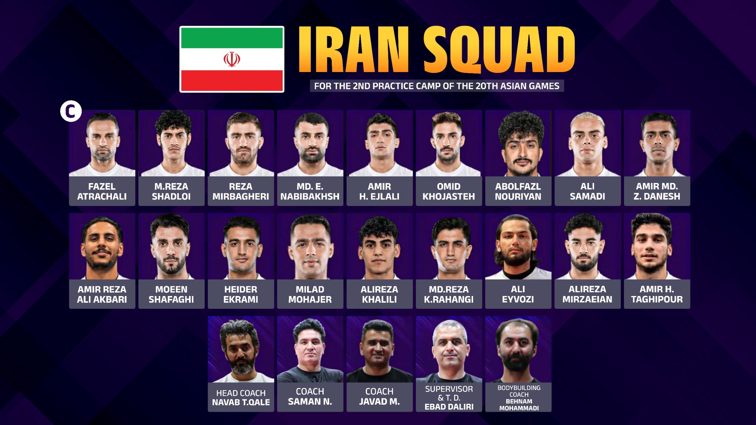 Iran men's kabaddi training camp squad announced for the 2026 Asian Games featuring 18 selected players and coaching staff..jpeg